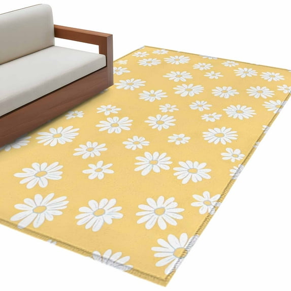 White Yellow Daisy Area Rug Washable 3x5 Entryway Rug Non-Slip Indoor Low Pile Spring Summer Floral Botanical Floor Carpet Small Rugs for Bedroom Office Living Room Kitchen Entrance Nursery