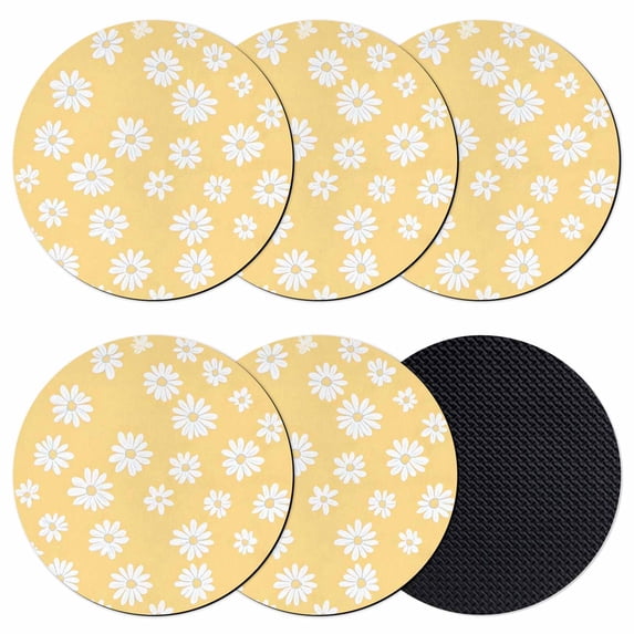 White Yellow Daisy Coasters Set of 6, Spring Summer Floral Botanical Absorbent Coasters for Drinks, Coaster for Bar Office Dining Coffee Table Accessories Decor, Non Slip Round Desk Coaster