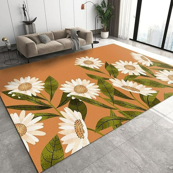 White Yellow Daisy Flower Area Rug, Modern Fresh Plant Art Living Room Rugs, Indoor Non-Slip Kids Rugs, Machine Washable Durable Carpet For Bedroom Front Entrance Floor Decor 5x7ft