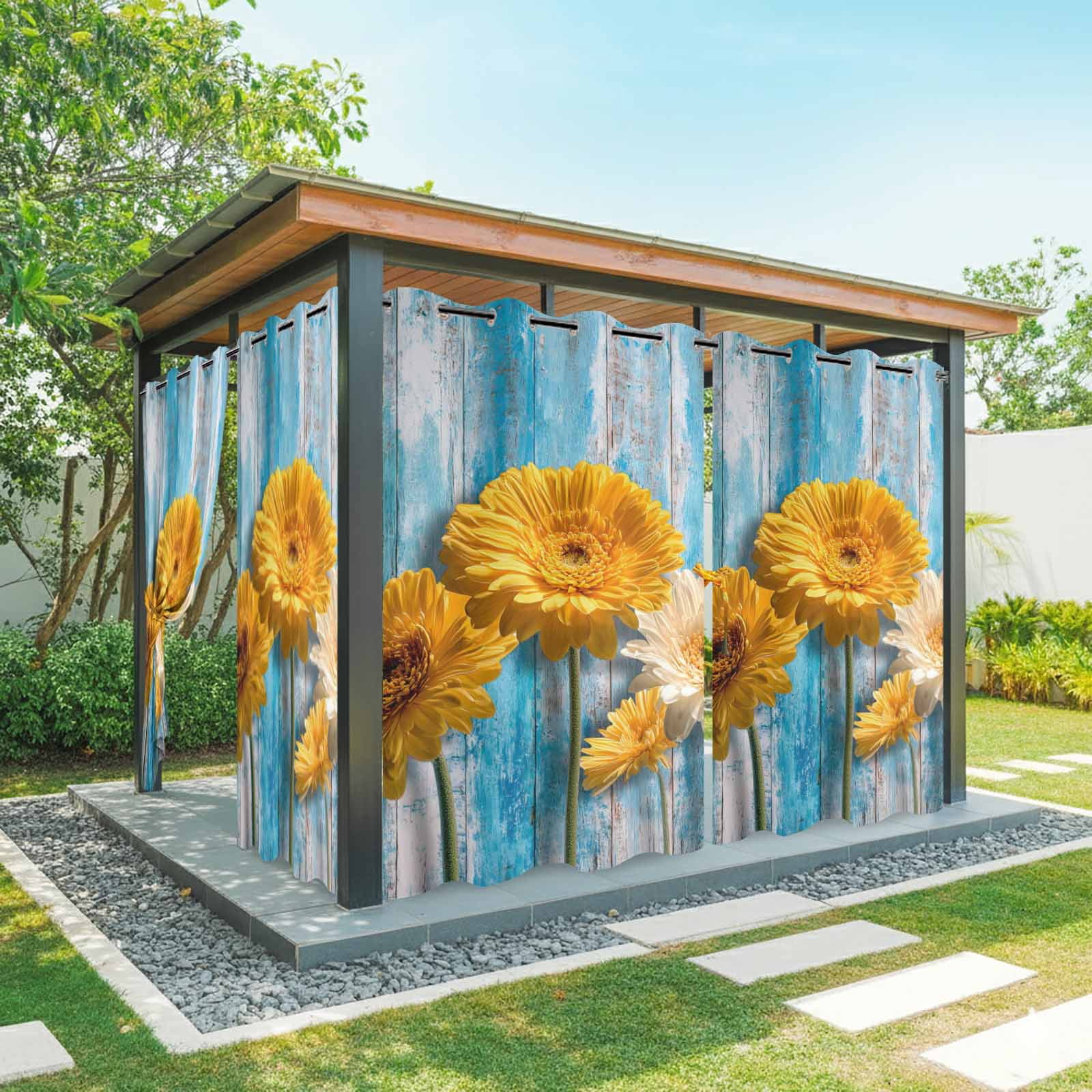 White and Yellow Daisy Outdoor Curtains for Patio, Minimalist Art Floral Blue Wood Grain Sunshade Privacy Drapes Grommet Waterproof Outside Curtains for Porch/Cabana/Balcony 54"x 108", 1 Panel