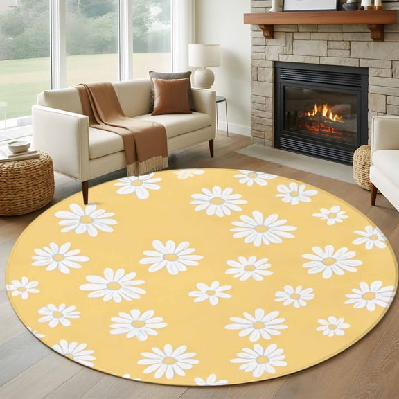 White Yellow Daisy Round Area Rug 7 FT, Non Slip Living Room Area Carpet, Spring Summer Floral Botanical Washable Soft Circular Rug Non-Shedding Floor Carpet for Bedside Office Play Room Classroom