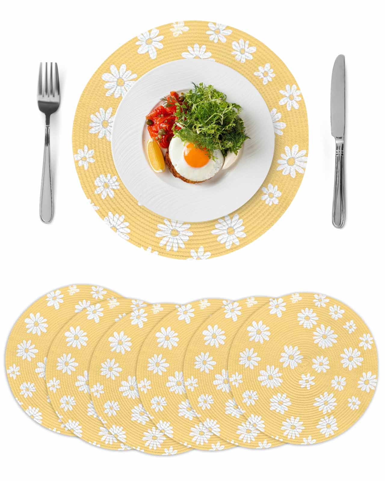 White Yellow Daisy Round Placemats Set of 6 for Dinning Tables,Heat-proof Braided Table Mats 15 Inch,Spring Summer Floral Botanical Washable Place Mat for Kitchen Restaurant Party Decor Table Setting