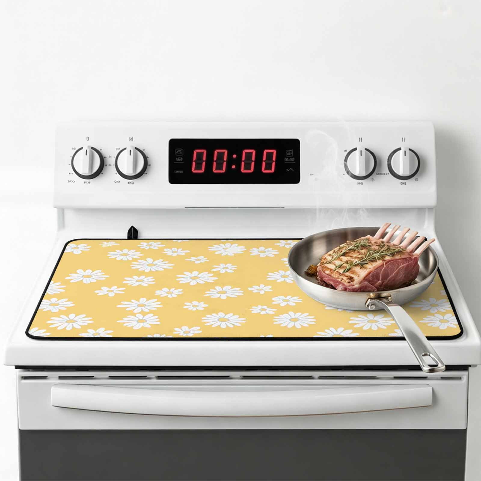 White Yellow Daisy Stove Top Cover for Electric Stove, Heat-proof & Non Slip Glass Top Stove Cover Protector, Spring Summer Floral Botanical Kitchen Flat Cooktop Rubber Mat 24x21 Inches