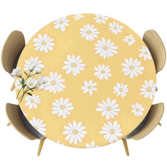 White Yellow Daisy Table Cloth, Round Fitted Tablecloths with Elastic Edge, Spring Summer Floral Botanical Wipeable Waterproof Table Cover for Kitchen Wedding 36-44 Inches