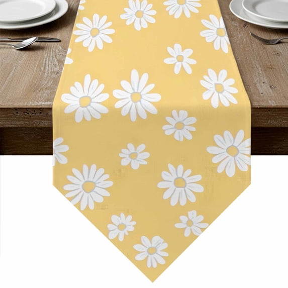 White Yellow Daisy Table Runner Linen Burlap Table Runner 70 Inches Long Spring Summer Floral Botanical Dresser Scarves for Kitchen Island Coffee Dining Party Wedding Banquet Holiday Decor 13"x70"