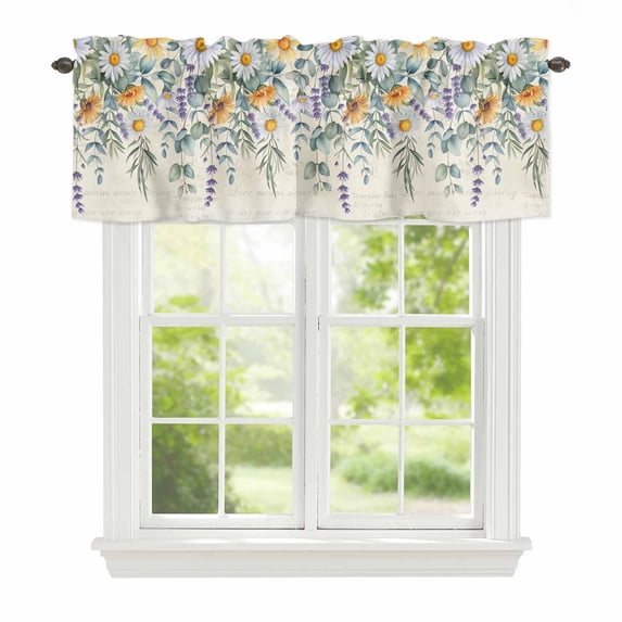 White Yellow Daisy Window Valance for Kitchen, Eucalyptus Leaves Lavender Spring Retro Rod Pocket Short Curtain for Small Windows, Light Filtering Decorative Valance, 56 x 16 Inch