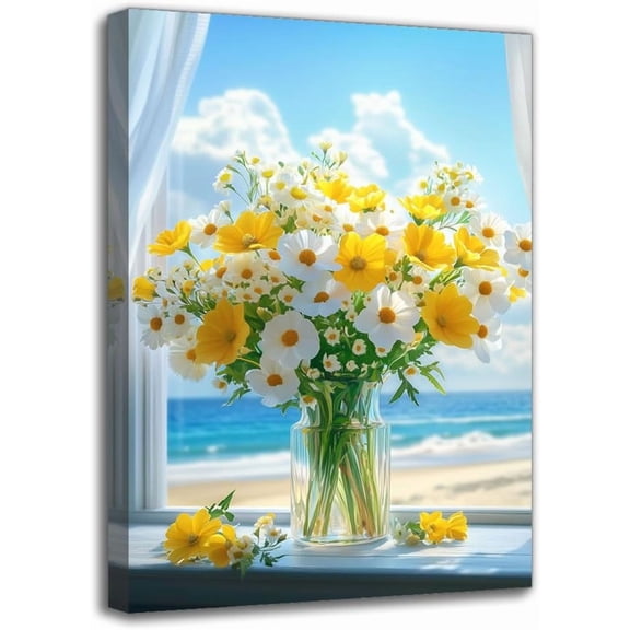 White And Yellow Floral Canvas Wall Art Print - Framed Modern Window View Seascape Painting, Wall Decor For Living Room Bathroom Bedroom Spring/Summer Room Decoration (8W X 12L)
