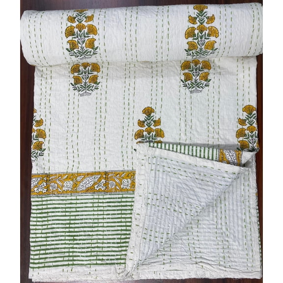 White Yellow Floral Indian Kantha Quilt Pure Handmade Cotton Green Stitch Block Print Bedspread, Lightweight Hand Stitched Boho Bedding