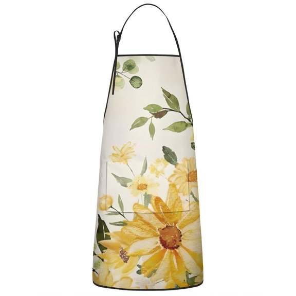 White Yellow Flower Sunflower Pattern Apron-Garden Aprons for Women with Pockets-Cotton Linen Waterproof Kitchen Cooking Gardening Aprons Adjustable for Kitchen,Cooking,BBQ and Salon 33x27 Inch