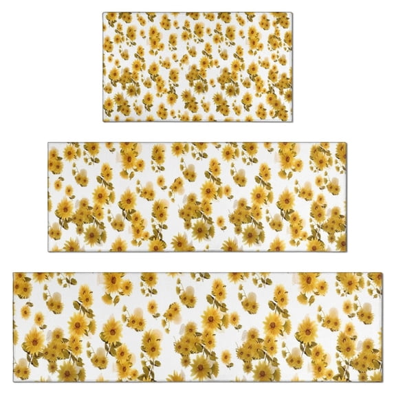 White Yellow Flower Sunflower Pattern Kitchen Rugs Sets Of 3,Kitchen Runner Rugs Non Skid Washable,Decorative Kitchen Floor Mats for Kitchen,Sink,Laundry,17"x30"+ 17"x47" + 17"x59"