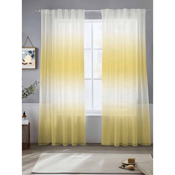 White and Yellow Gradient Sheer Curtains 2 Panels Set, Minimalist Lemon Yellow Ombre Art Light Filtering Rod Pocket Voile Drapes, Window Sheer Curtains for Living Room/Bedroom, 52'' W x 84'' L