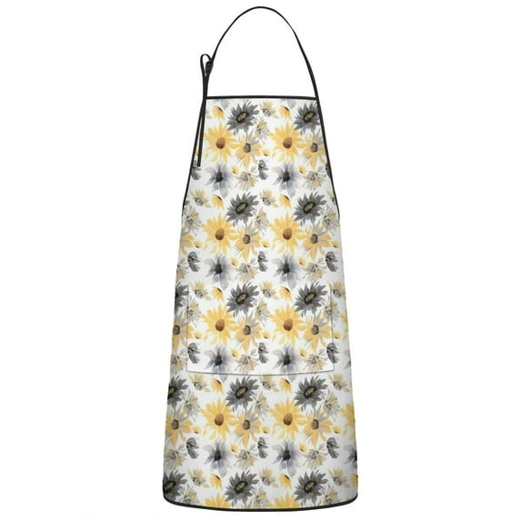 White Yellow Gray Flower Sunflower Pattern Apron-Garden Aprons for Women with Pockets-Cotton Linen Waterproof Kitchen Cooking Gardening Aprons Adjustable for Kitchen,Cooking,BBQ and Salon 33x27 Inch