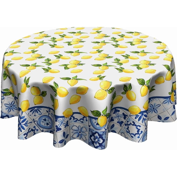White Yellow Lemon Tablecloth Round - Lemon Table Cloth 60 Inch Italian Summer Decor for Birthday Party Wedding Picnic Dinner