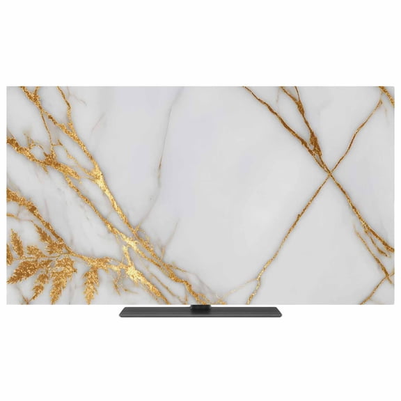 White Yellow Marble TV Dust Cover,Stretchable TV Screen Desktop Computer Protector Cover,Ink Painting Modern Art Television Dustproof Slipcover Indoor Outdoor Decor for 19–24 Inch Flat or Curved TVs