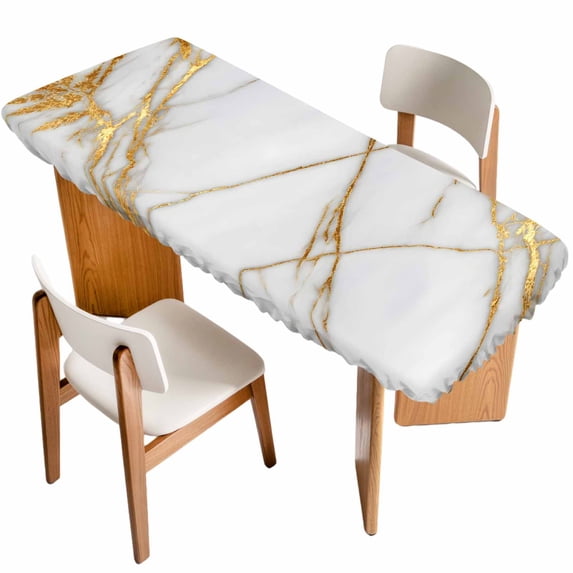 White Yellow Marble Table Cloths for 8 Foot Rectangle Tables, Ink Painting Modern Art Patio Waterproof Elastic Fitted Tablecloths, Washable Rectangular Table Cover for Camping