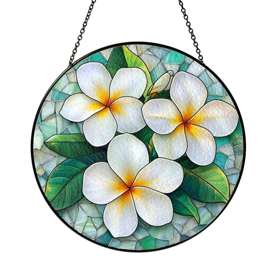 White Yellow Plumeria Glass Style Suncatcher Window Hanging, Tropical Floral Art Panel, Decorative Nature Ornament Accent