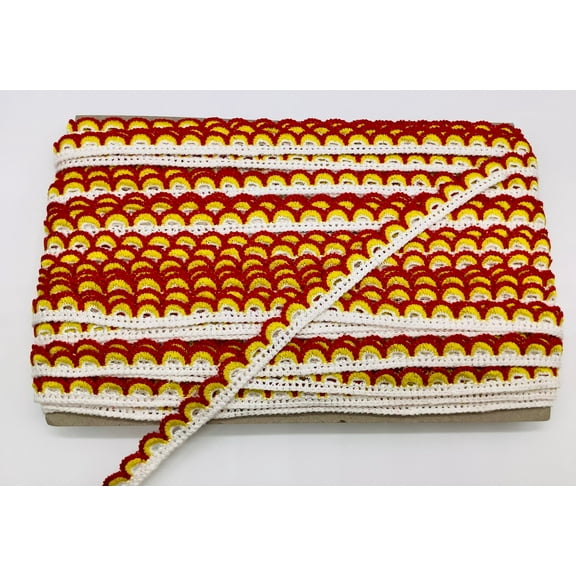 (White, Yellow & Red) 5/8" Crochet Lace Edge - 5 Yards