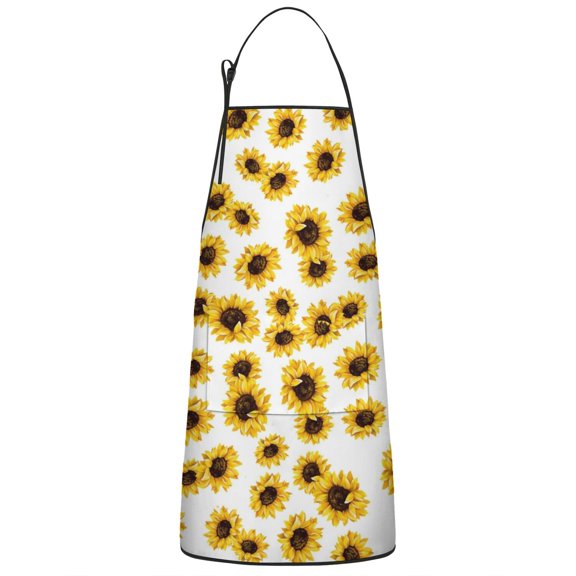 White Yellow Sunflower Pattern Apron-Garden Aprons for Women with Pockets-Cotton Linen Waterproof Kitchen Cooking Gardening Aprons Adjustable for Kitchen,Cooking,BBQ and Salon 33x27 Inch