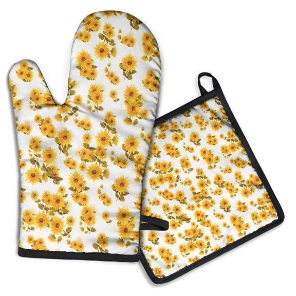 White Yellow Sunflower Pattern Kitchen Oven Mitt and Pot Holder Sets 2 Pcs for Baking, Cooking and Grilling, Heat Resistant Up To 392 °F