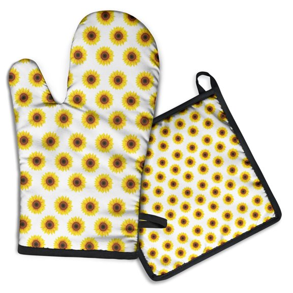 White Yellow Sunflower Pattern Kitchen Oven Mitt and Pot Holder Sets 2 Pcs for Baking, Cooking and Grilling, Heat Resistant Up To 392 °F