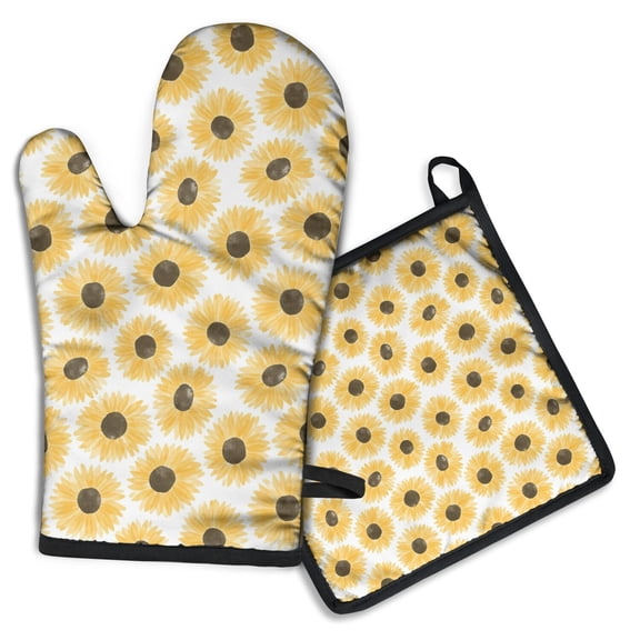 White Yellow Sunflower Pattern Kitchen Oven Mitt and Pot Holder Sets 2 Pcs for Baking, Cooking and Grilling, Heat Resistant Up To 392 °F