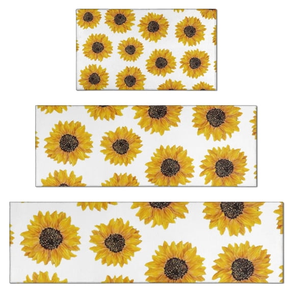 White Yellow Sunflower Pattern Kitchen Rugs Sets Of 3,Kitchen Runner Rugs Non Skid Washable,Decorative Kitchen Floor Mats for Kitchen,Sink,Laundry,17"x30"+ 17"x47" + 17"x59"