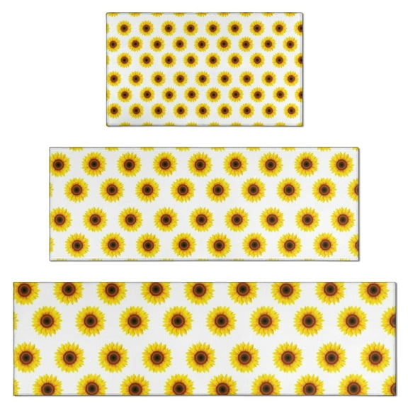 White Yellow Sunflower Pattern Kitchen Rugs Sets Of 3,Kitchen Runner Rugs Non Skid Washable,Decorative Kitchen Floor Mats for Kitchen,Sink,Laundry,17"x30"+ 17"x47" + 17"x59"