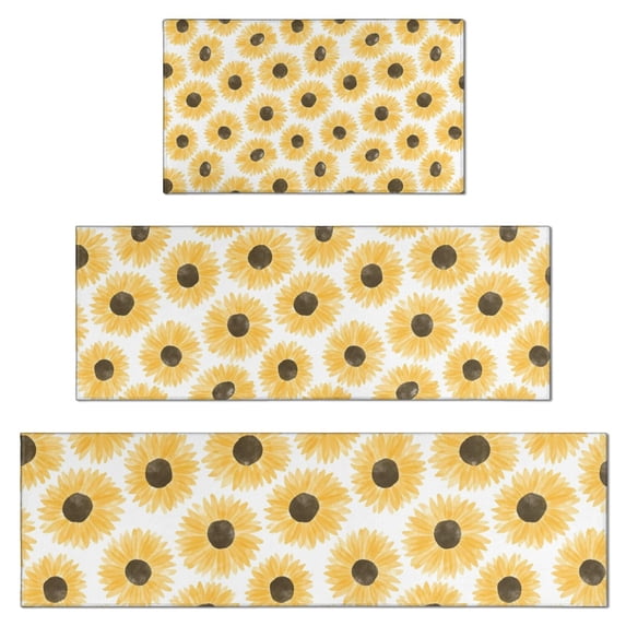 White Yellow Sunflower Pattern Kitchen Rugs Sets Of 3,Kitchen Runner Rugs Non Skid Washable,Decorative Kitchen Floor Mats for Kitchen,Sink,Laundry,17"x30"+ 17"x47" + 17"x59"