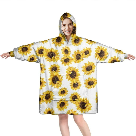White Yellow Sunflower Pattern Wearable Oversized Blanket,Wearable Blanket Hoodie for Adults,Cozy Hooded Blankets with Super Pockets,Super Warm Fuzzy Pullover for Women & Men