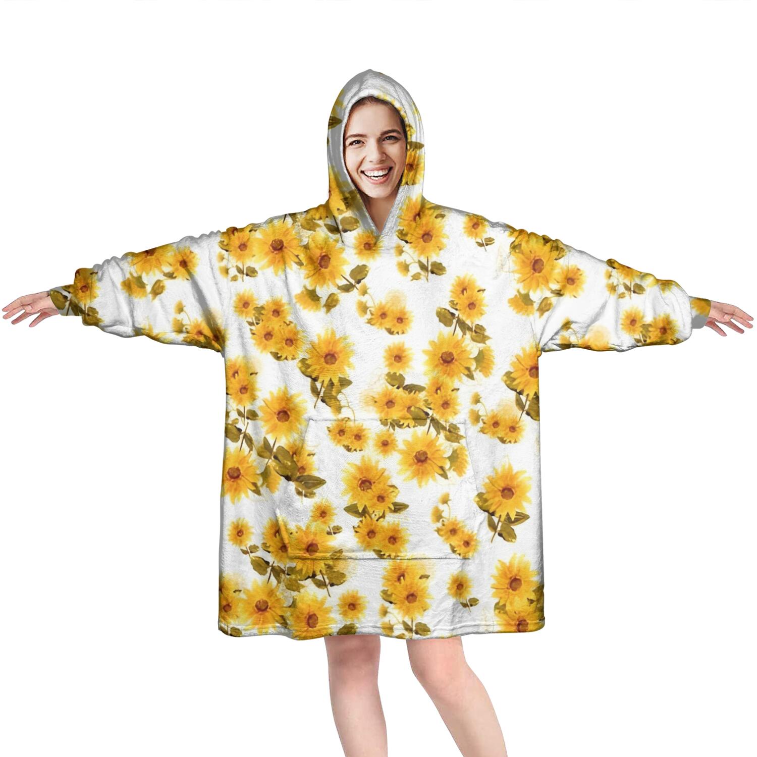 White Yellow Sunflower Pattern Wearable Oversized Blanket,Wearable Blanket Hoodie for Adults,Cozy Hooded Blankets with Super Pockets,Super Warm Fuzzy Pullover for Women & Men