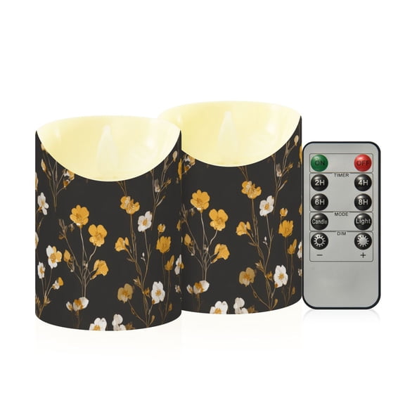 White Yellow Tiny Wild Florals Flickering Flameless Candles with Remote Timer Battery Operated LED Tealight Set of 2 S