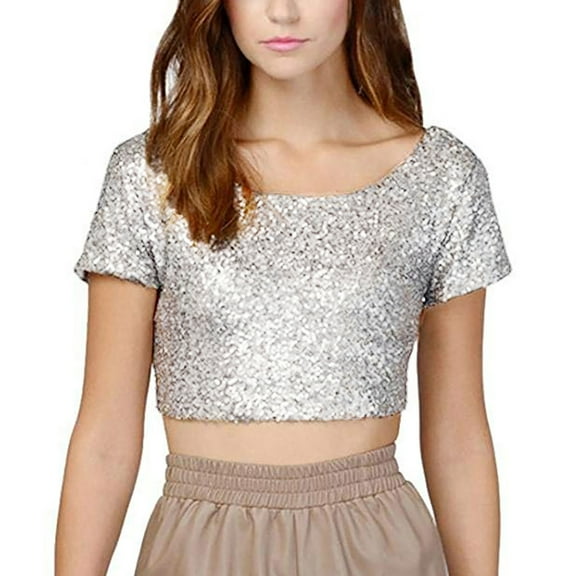 White Young Adult Tops Fashion Women O-Neck Solid Sequins Short Sleeve Short Navel Top Blouse Tee Plus Size Tops for Women