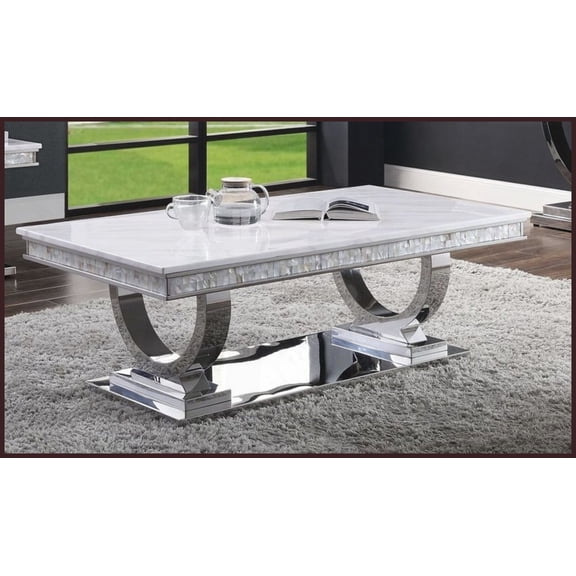 White Zander Living Room Coffee Table with 18mm Cultured Marble Top & Silver Mirrored Frame  Timeless Elegance