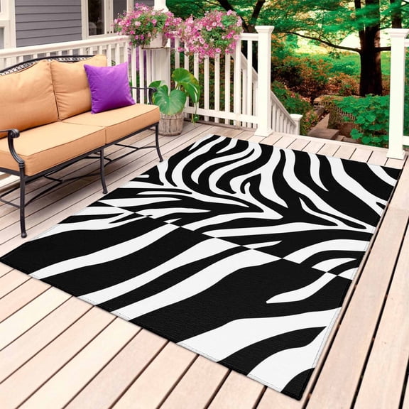 White Zebra Striped Outdoor Rug 6x9 Ft, Non Slip Washable Area Rug, Animals Fur Abstract Art Patio Rugs Carpet Runner, Large Floor Mat for Indoor/Outdoor Deck Porch Camping