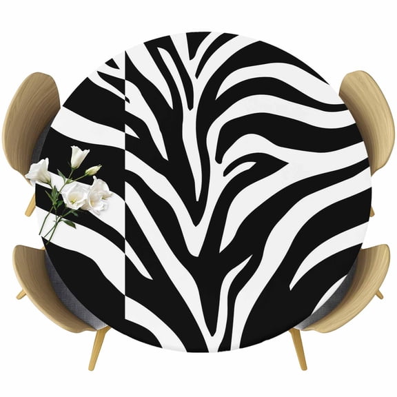 White Zebra Striped Round Tablecloth 36-44 Inch Round Fitted Table Cloth with Elastic Edge, Animals Fur Abstract Art Waterproof Table Cover Protector for Outdoor Picnic Party Dining