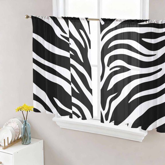 White Zebra Striped Sheer Curtains 54 Inch Length 2 Panels Set, Animals Fur Abstract Art Voile Window Treatment Rod Pocket Short Kitchen Curtains Drapes for Bedroom 52"x54"x2