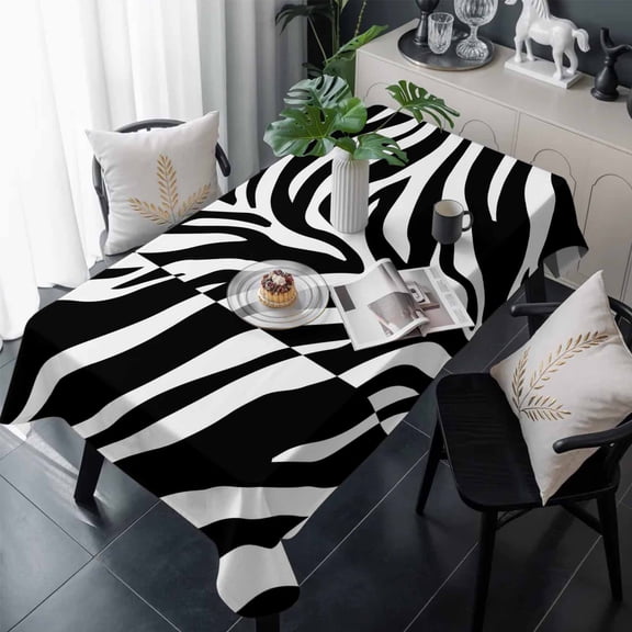 White Zebra Striped Table Cloth Waterproof Tablecloths, Animals Fur Abstract Art Tablecloth Dining Table Cover for Kitchen Party Tabletop Outdoor, Rectangle Tablecloth 60x120 Inch