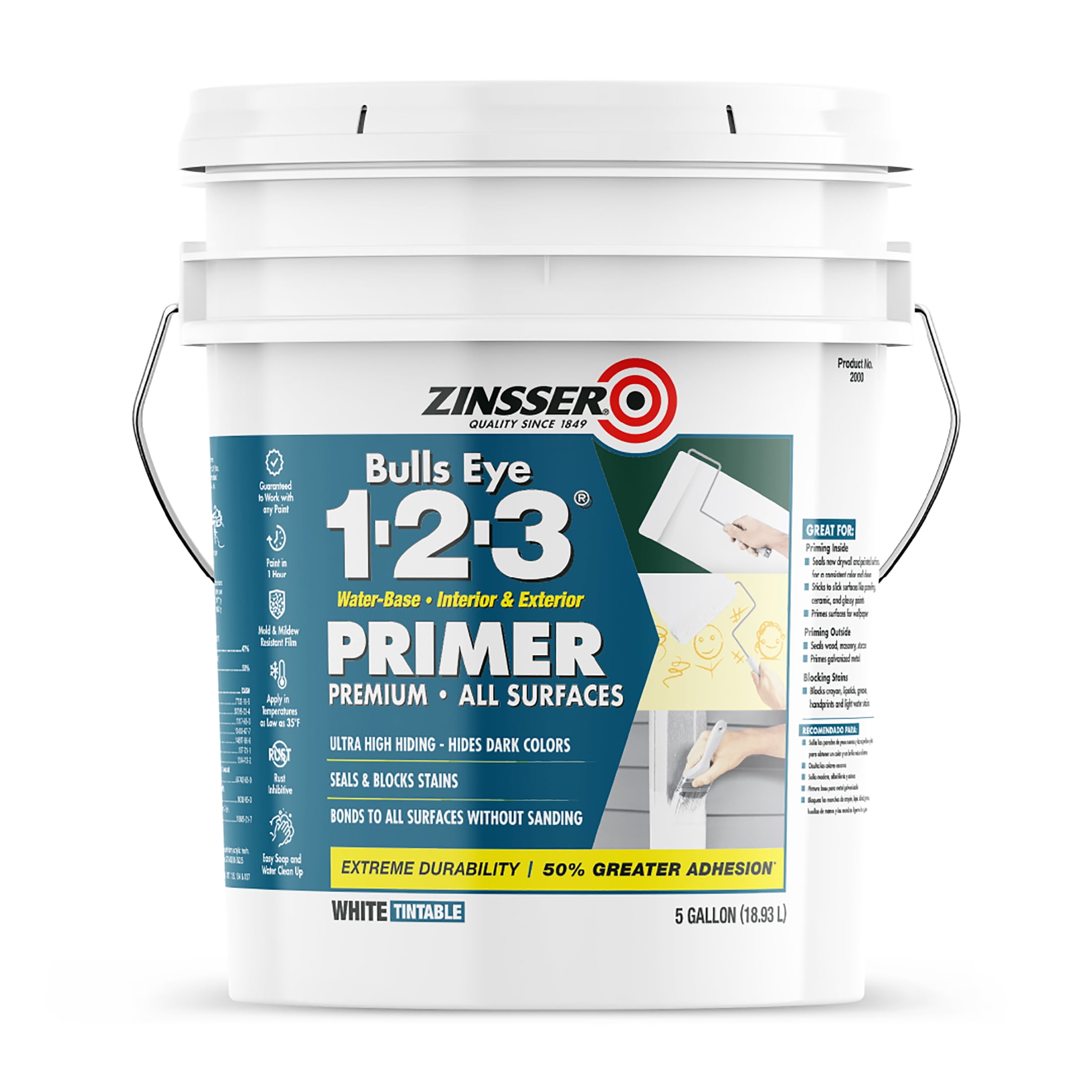 White, Zinsser Bulls Eye 1-2-3 Primer for All Surfaces Flat, 5 Gallon