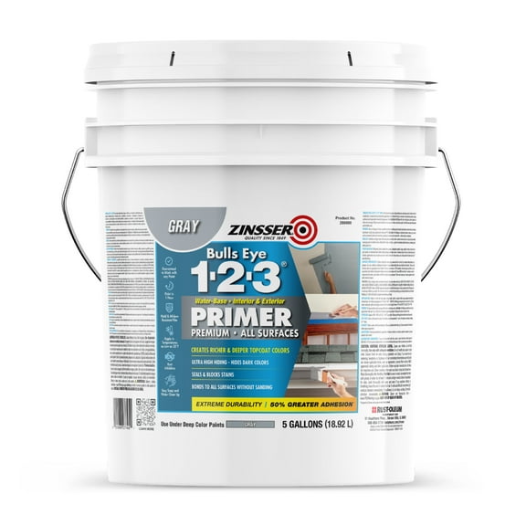 White, Zinsser Bulls Eye Water-Based 1-2-3 For All Surfaces Primer- 2000, 5 Gallon