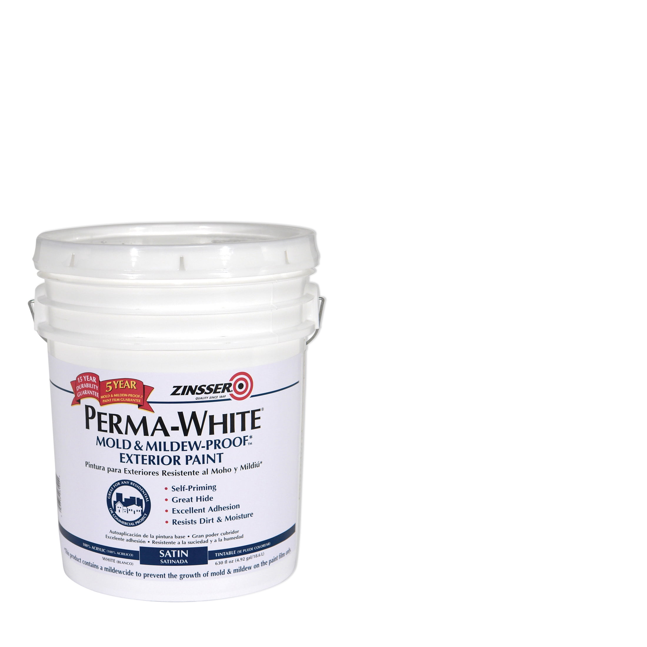 White, Zinsser Perma-White Satin Exterior Mold & Mildew Proof Paint- 5 Gallon, 1 per Case