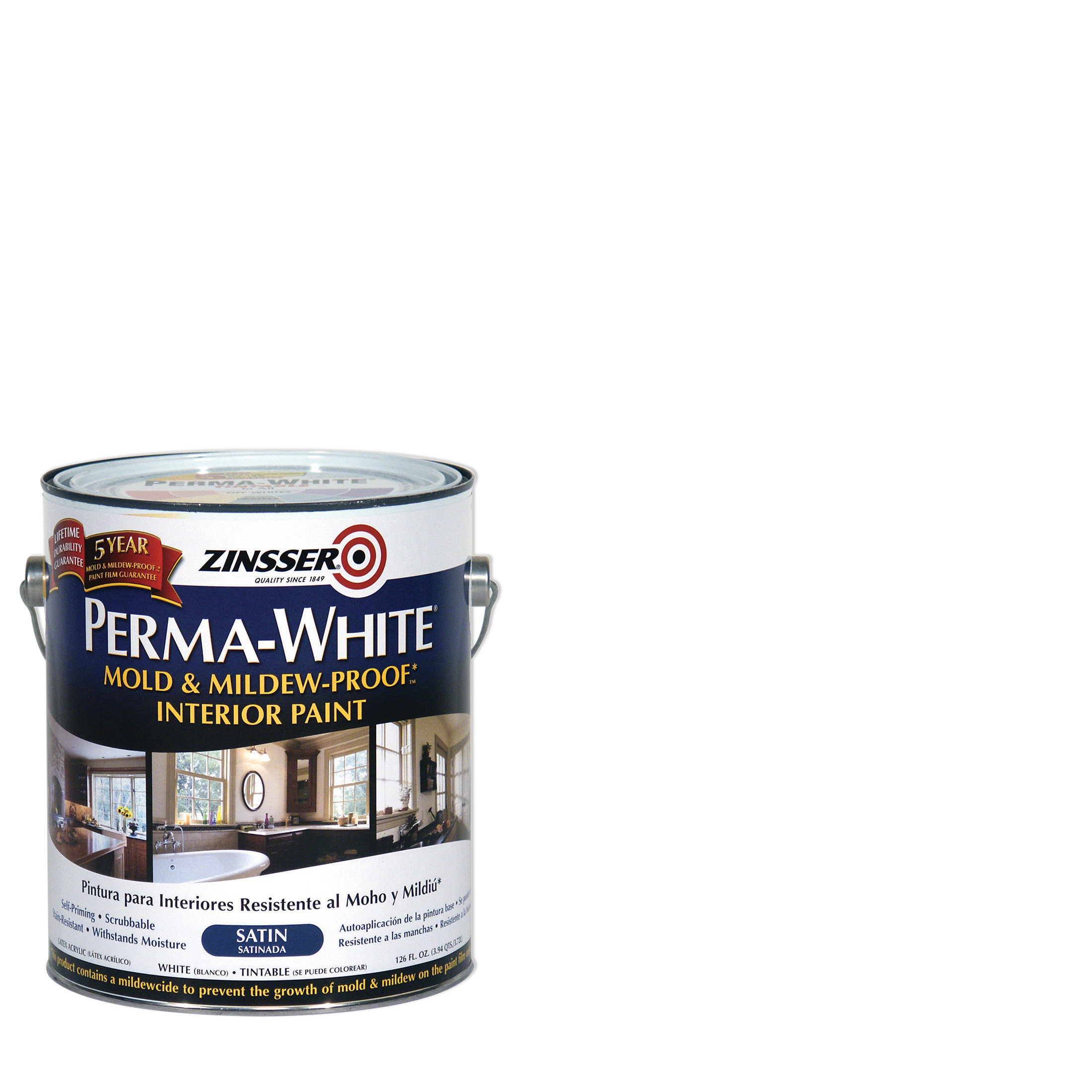 Zinsser 02704 Quart Satin Gloss PermaWhite MildewProof Bathroom Paint