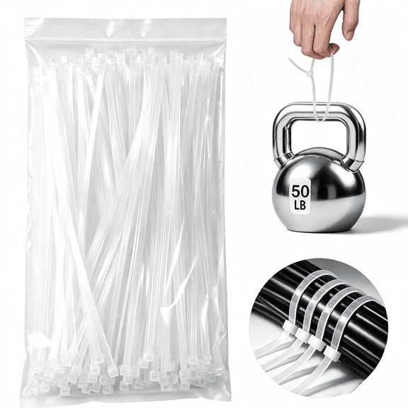 White Zip Ties 12 Inch 100 Pack Clear Tensile Strength 50 lbs UV Resistant Industrial Cable Ties Self Locking Zipties Wire Ties Wrap Indoor Outdoor Use for Fence Garage Camping