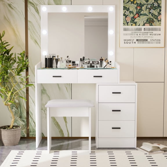 White adjustable vanity with 5+ drawers | Bedroom dressing area for makeup | Organize cosmetics in multiple compartments