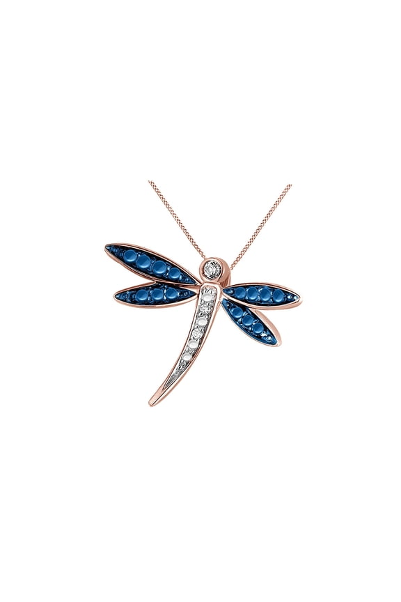 White & Blue Natural Diamond Dragonfly Pendant Necklace 14k Rose Gold over Silver