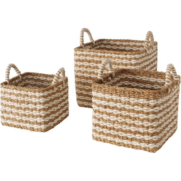 White and Beige Striped Seagrass and Jute Baskets, Boxy Bins, Natural Chunky Sweater Weave, Set of 3, Made by Hand, 15, 12.75, 11.5 Inches
