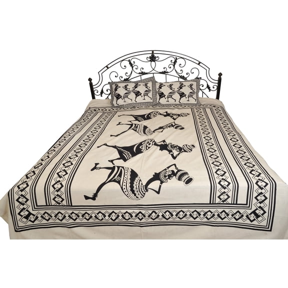 Exotic India Pure Cotton Bedsheet with Folk Print And two Pillowcase set