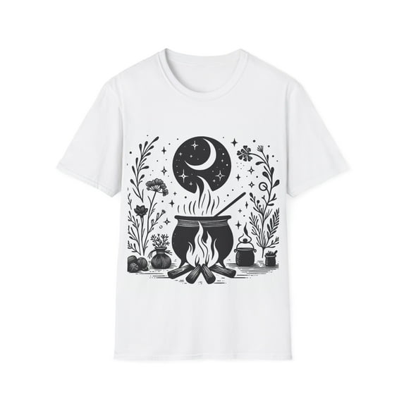 White and Black Beltane T-Shirt - Cauldron Over the Fire & Moon Design