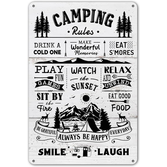 White and Black Camping Rules Metal Sign - Perfect RV and Camper Decor for Inside, Outdoor Camping Decorations, 12" * 8"