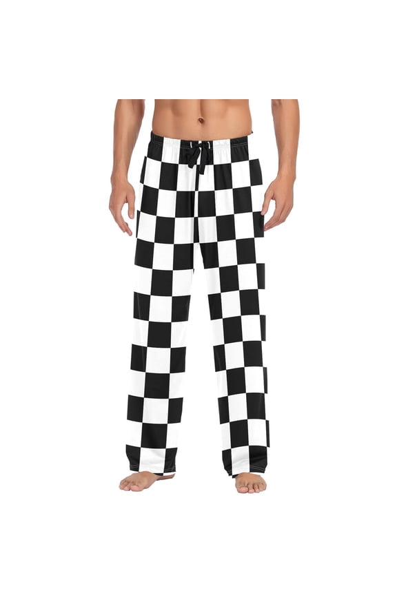 White and Black Checkered Grid Art Pattern Men's Pajama Pants Cotton Long Sleepwear Lounge Pants S
