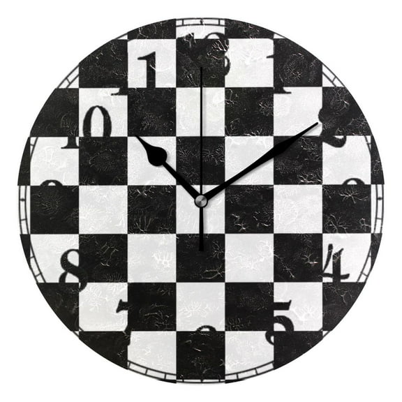 White and Black Checkered Grid Art Pattern Silent Wall Clock 10" Non-Ticking Battery Clock